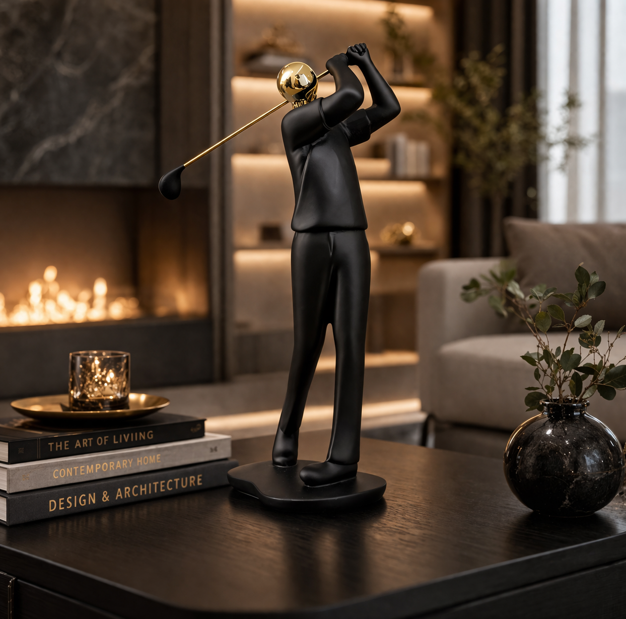 AuraDecor Golfer Figurine, Modern Abstract Resin Showpiece in Black & Gold