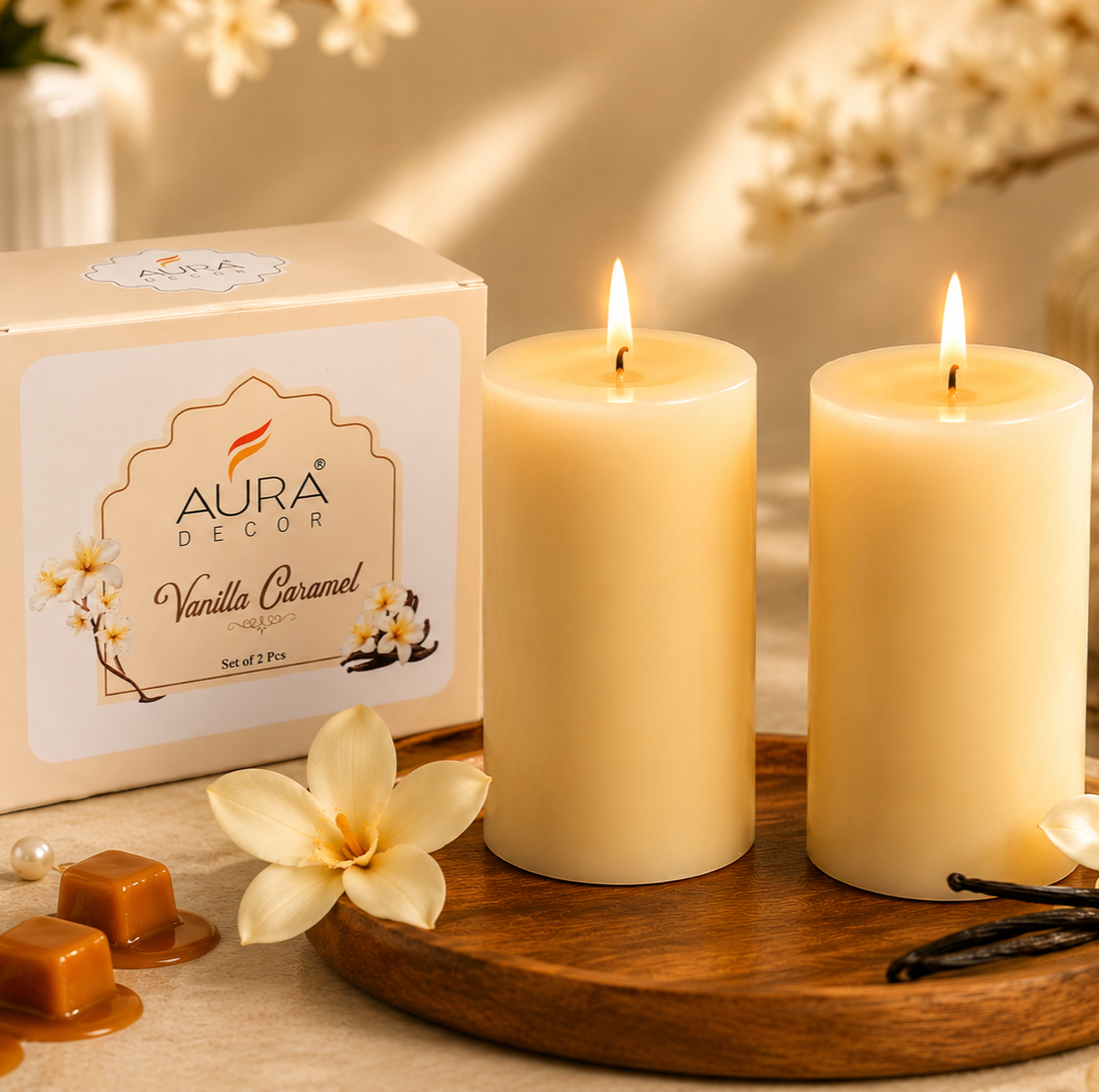 AuraDecor Scented Pillar Candles Set of 2 | (25 Hours Burn Time Master pack of 50)