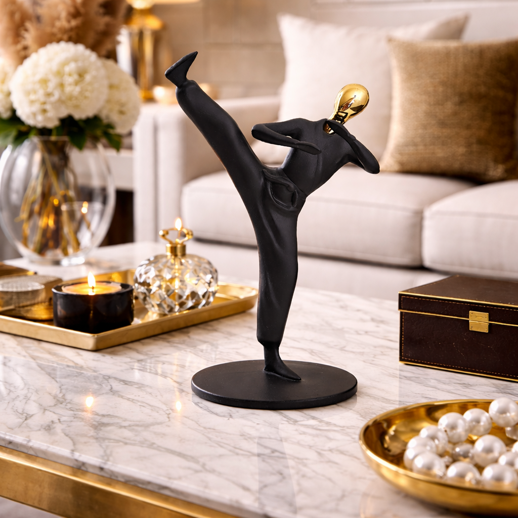 AuraDecor Martial Artist Figurine, Modern Abstract Resin Showpiece in Black & Gold