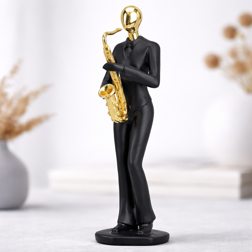 AuraDecor Saxophone Player Figurine, Modern Abstract Resin Showpiece in Black & Gold