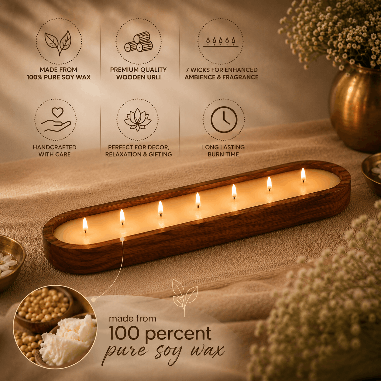 Bulk Buy Auradecor Grandeur Wooden Urli Candle (Master pack of 12 pcs)