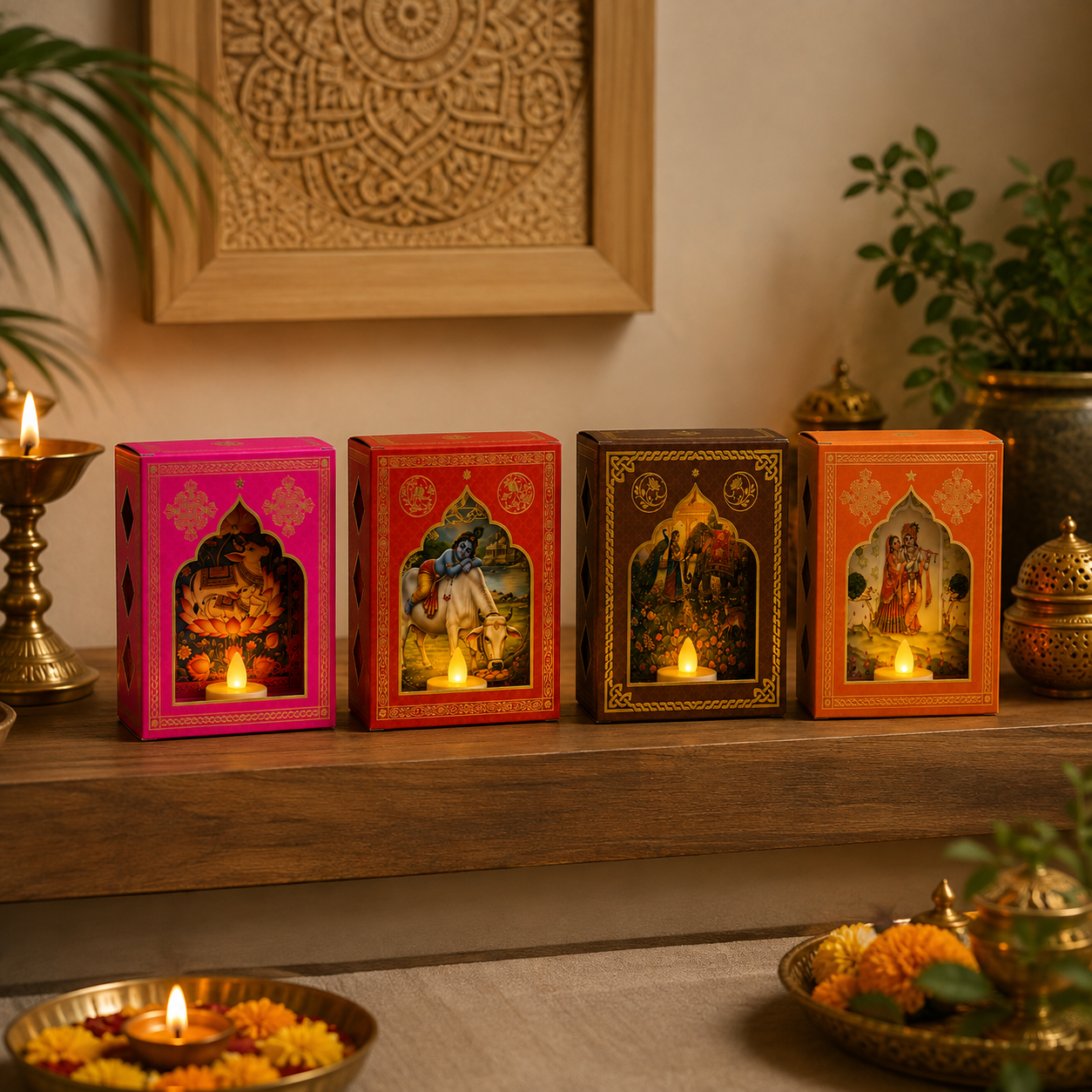 Traditional Jharokha Wall Decor Set with LED Candles | Festive Indian Home Decoration