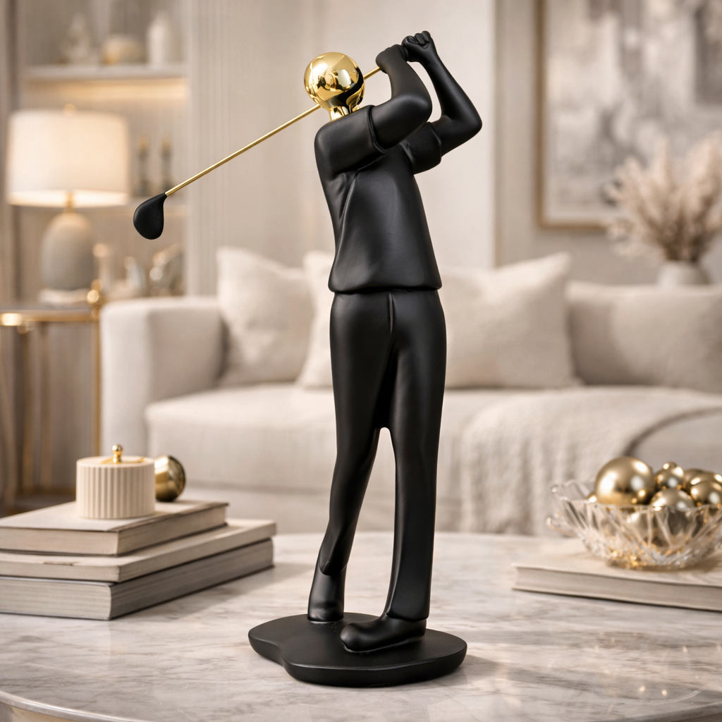 AuraDecor Golfer Figurine, Modern Abstract Resin Showpiece in Black & Gold