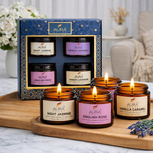 Bulk Buy 24 Sets AuraDecor Set of 4 Amber Jars ( English Rose, Vanilla Caramel, Night Jasmine, French Lavender )