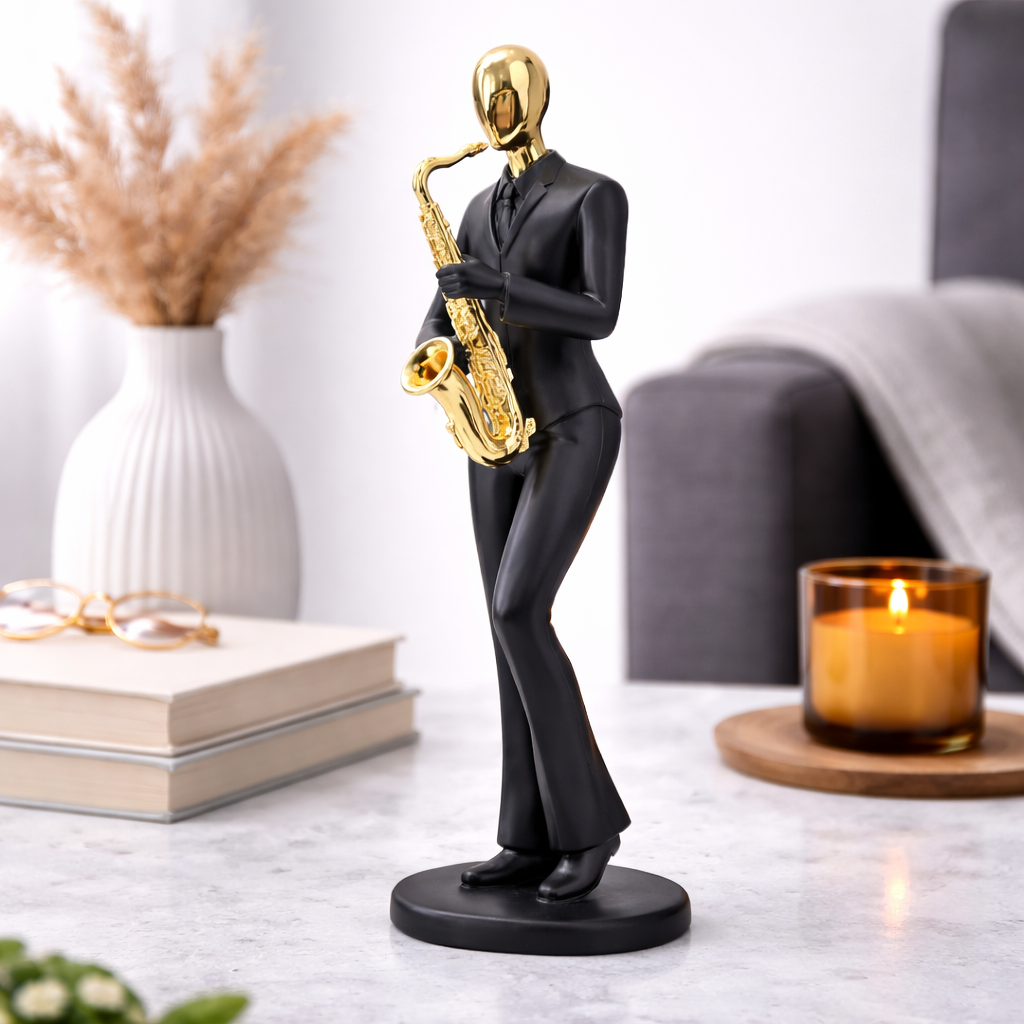 AuraDecor Saxophone Player Figurine, Modern Abstract Resin Showpiece in Black & Gold