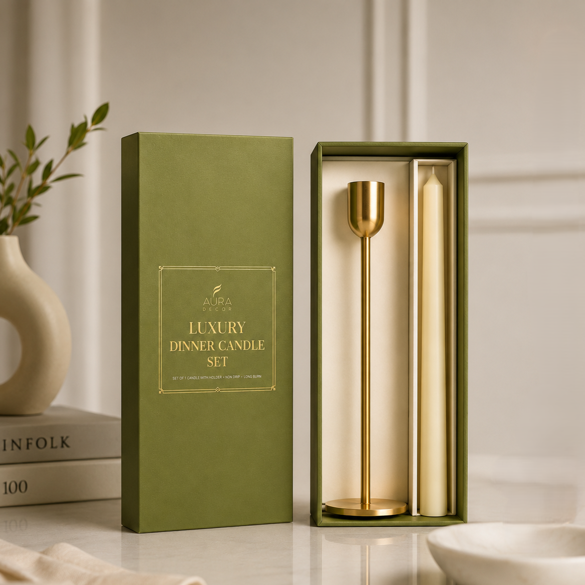 AuraDecor Luxury Dinner Candle Set with Gold Metal Holder | 10-Inch Taper Candle | Premium Table Decor & Gift Set