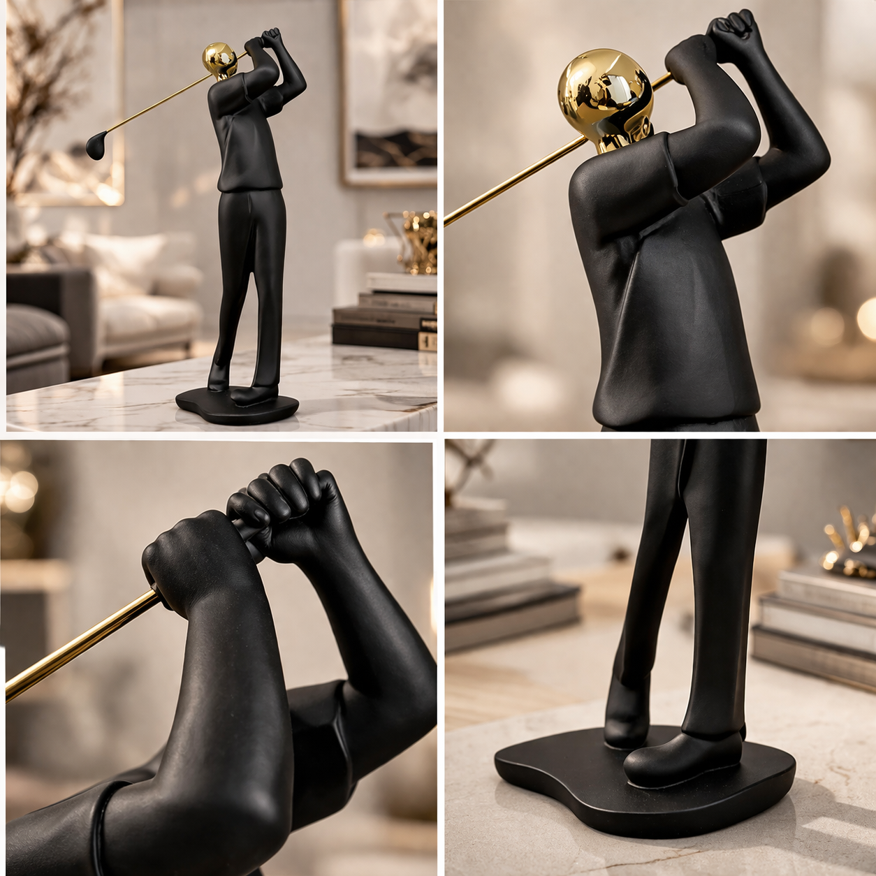 AuraDecor Golfer Figurine, Modern Abstract Resin Showpiece in Black & Gold