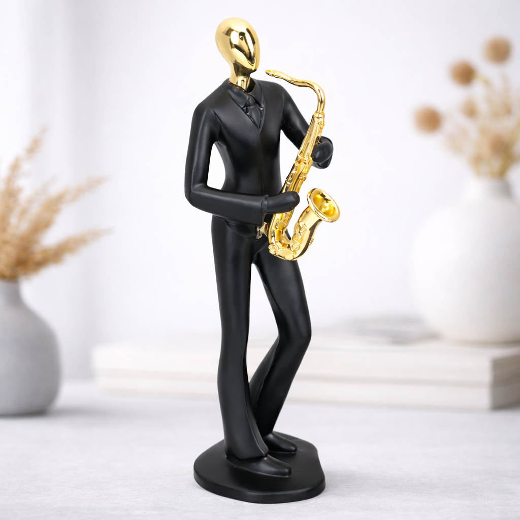 AuraDecor Saxophone Player Figurine, Modern Abstract Resin Showpiece in Black & Gold
