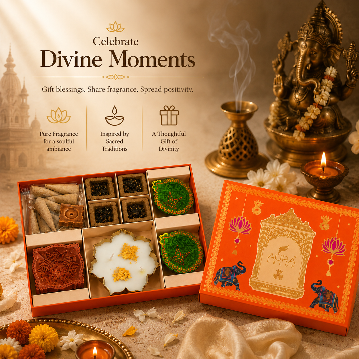 AuraDecor Divine Pooja Diwali Gift Box | Premium Spiritual Gift Hamper with Lotus Urli Candle & Diyas