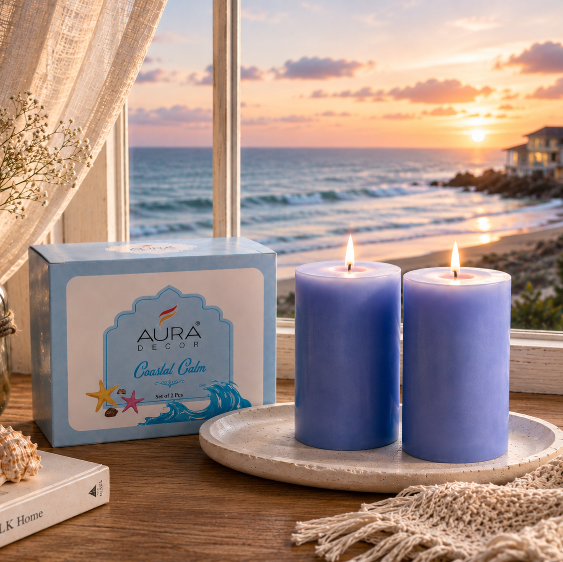 AuraDecor Scented Pillar Candles Set of 2 | 25 Hours Burn Time | (Coastal Calm)