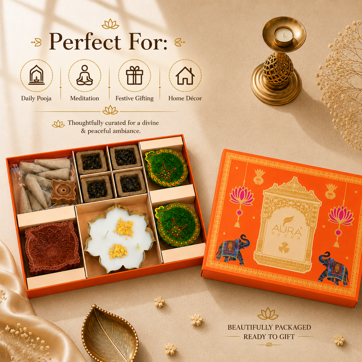 AuraDecor Divine Pooja Diwali Gift Box | Premium Spiritual Gift Hamper with Lotus Urli Candle & Diyas