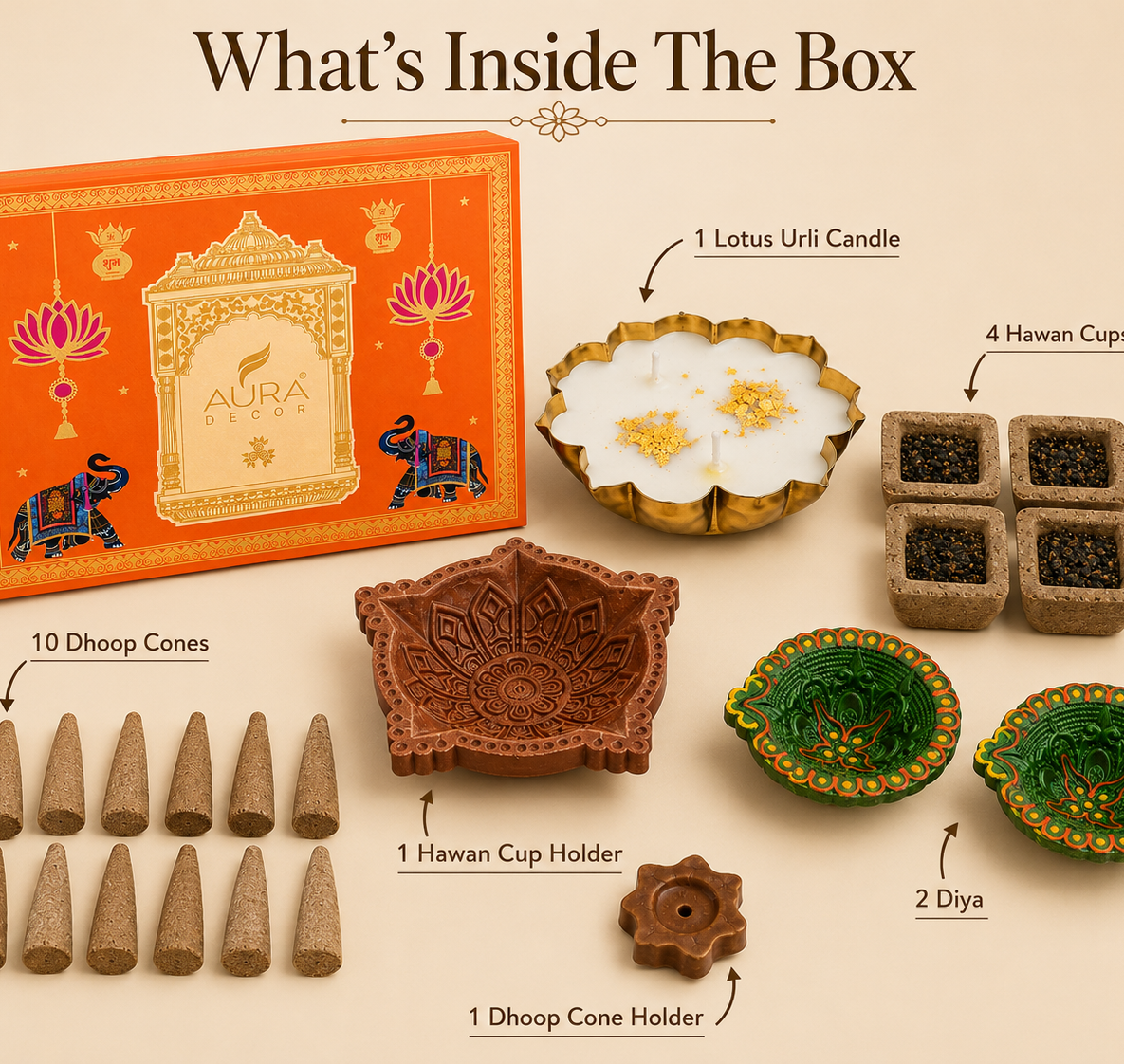 AuraDecor Divine Pooja Diwali Gift Box | Premium Spiritual Gift Hamper with Lotus Urli Candle & Diyas