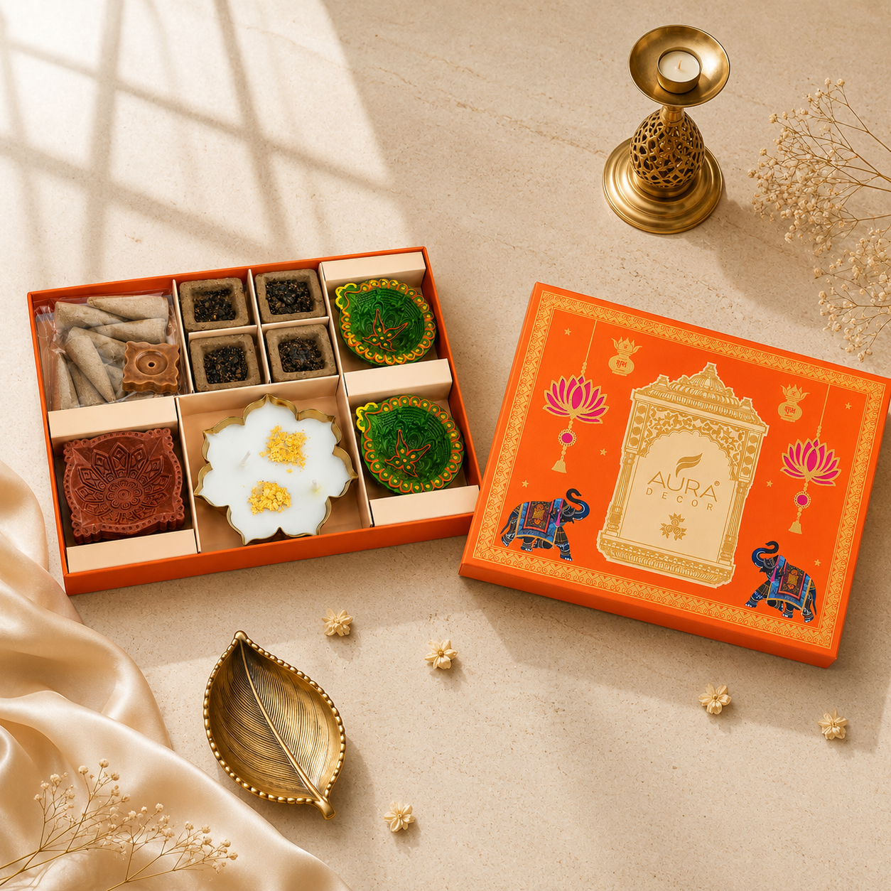AuraDecor Divine Pooja Diwali Gift Box | Premium Spiritual Gift Hamper with Lotus Urli Candle & Diyas
