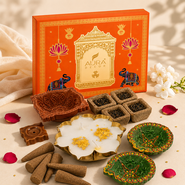 AuraDecor Divine Pooja Diwali Gift Box | Premium Spiritual Gift Hamper with Lotus Urli Candle & Diyas