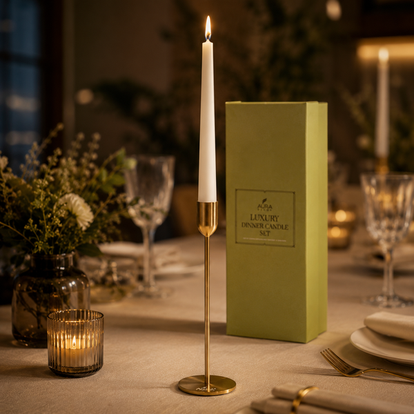 AuraDecor Luxury Dinner Candle Set with Gold Metal Holder | 10-Inch Taper Candle | Premium Table Decor & Gift Set
