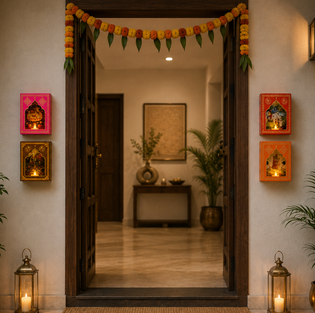 Traditional Jharokha Wall Decor Set with LED Candles | Festive Indian Home Decoration