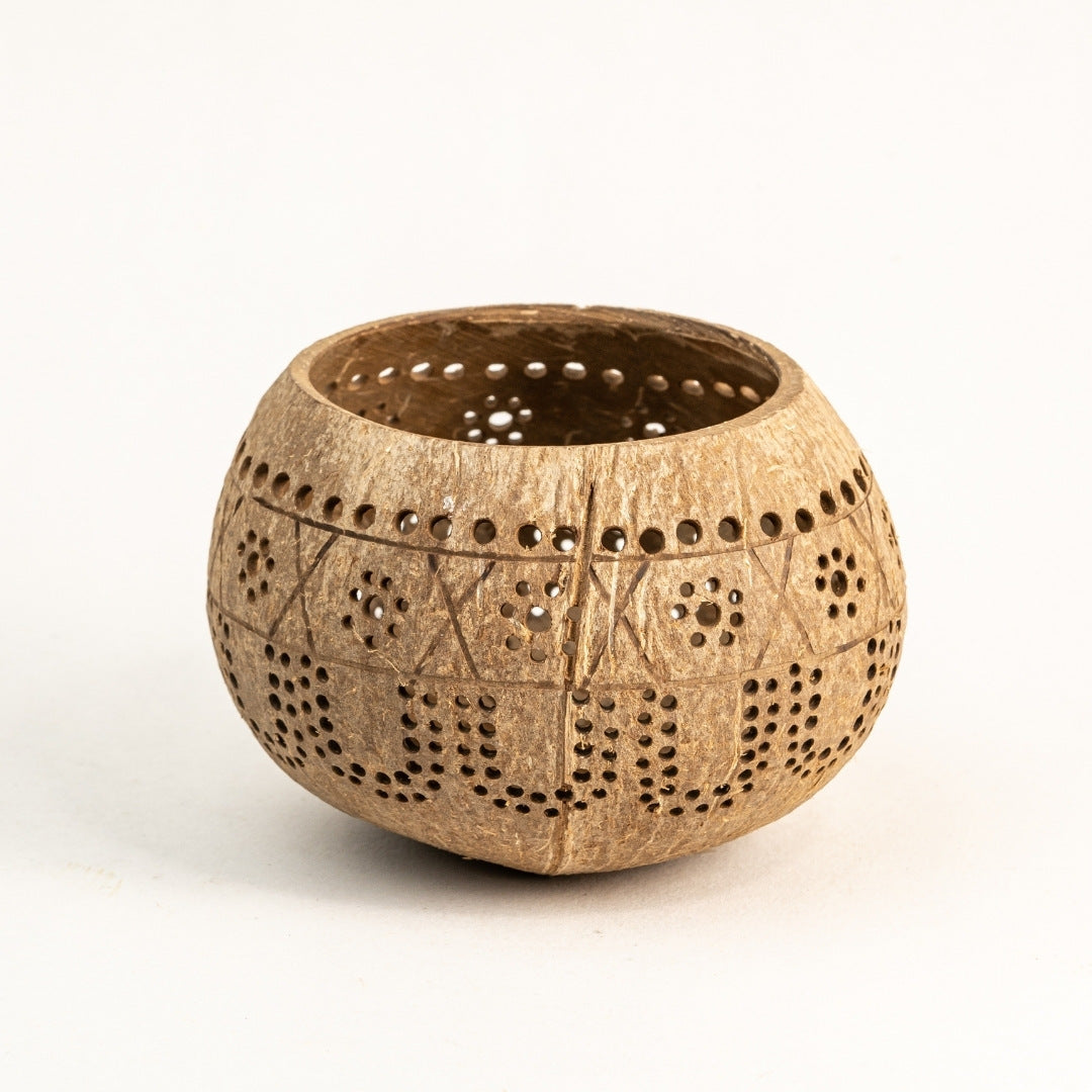 Hand Carved Coconut Shell Candle Holder - Tropical