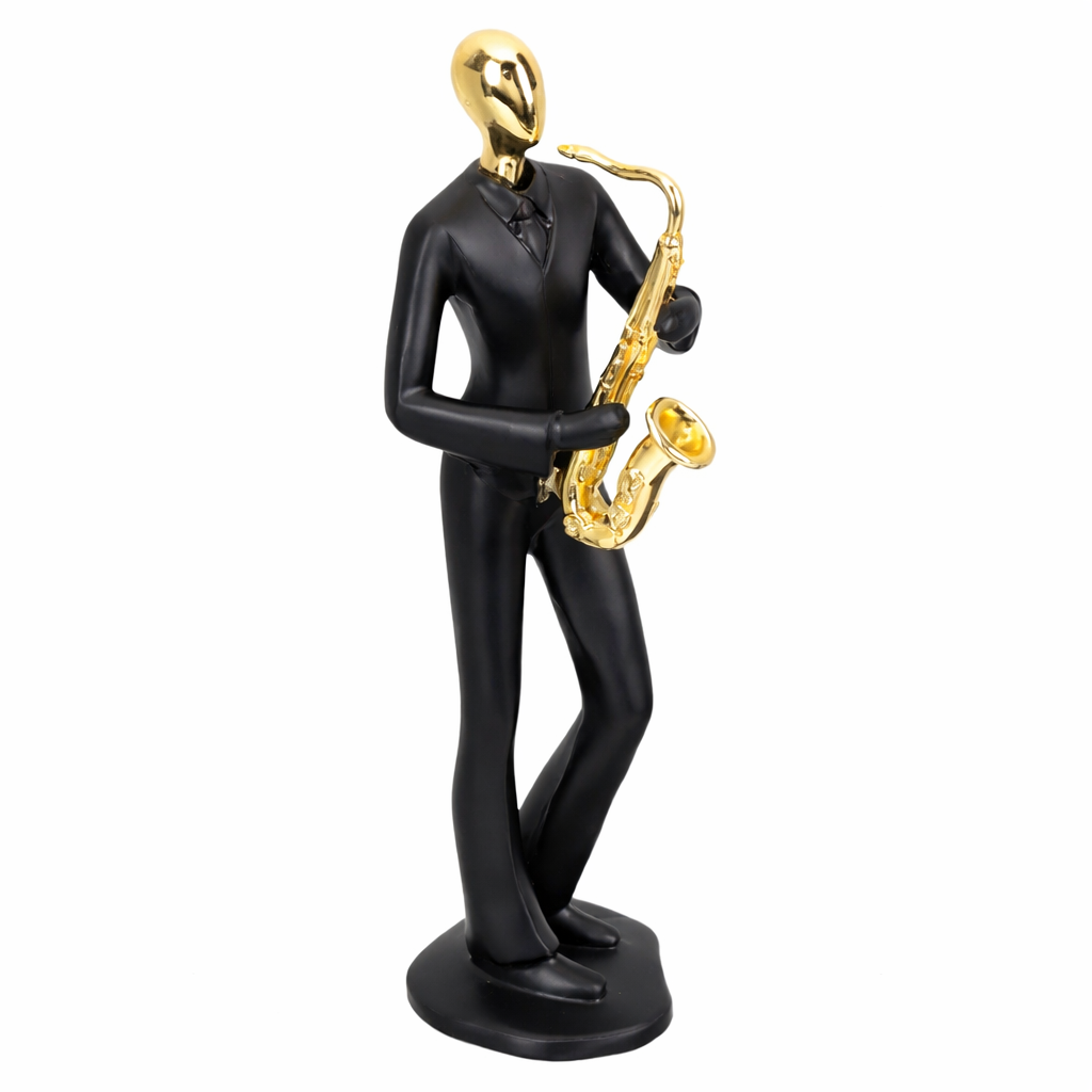 AuraDecor Saxophone Player Figurine, Modern Abstract Resin Showpiece in Black & Gold