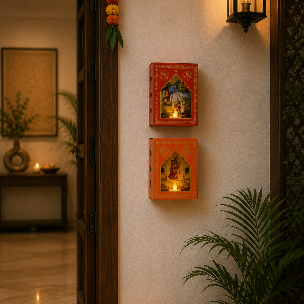 Traditional Jharokha Wall Decor Set with LED Candles | Festive Indian Home Decoration