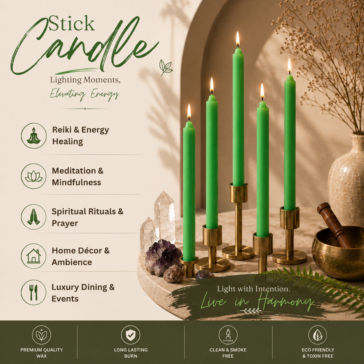AuraDecor Large Stick Candles | Long Burning| Pack of 10