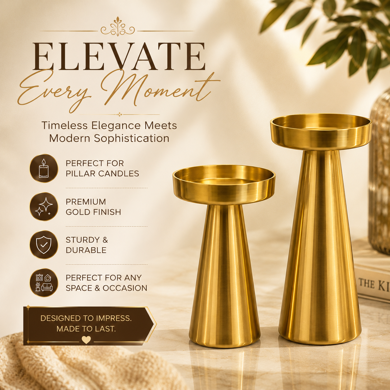 Gold Metal Pillar Candle Holders Set of 2 – Modern Decorative Candle Holder Stands