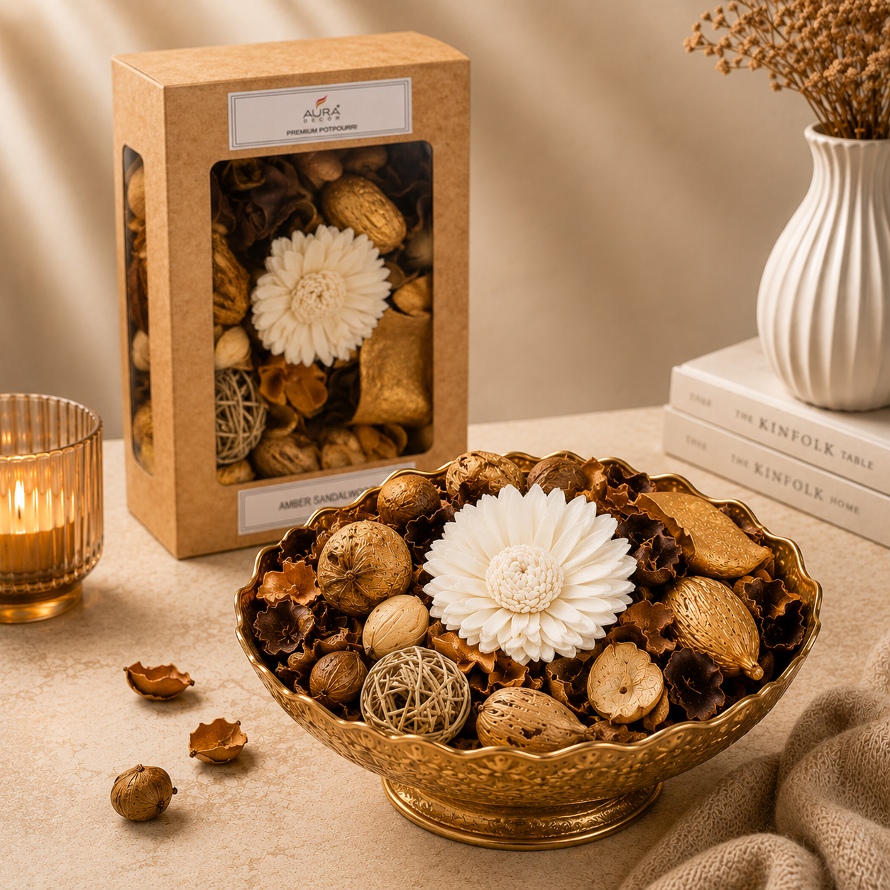 AuraDecor Premium Potpourri Box – Amber Sandalwood Fragrance (200g)| Decorative Dried Flowers & Natural Botanicals|