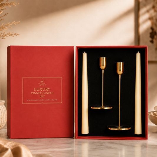 AuraDecor Luxury Dinner Candle Set 2 with Gold Metal Holders | Set of 2 Taper Candles | Premium Gift Box