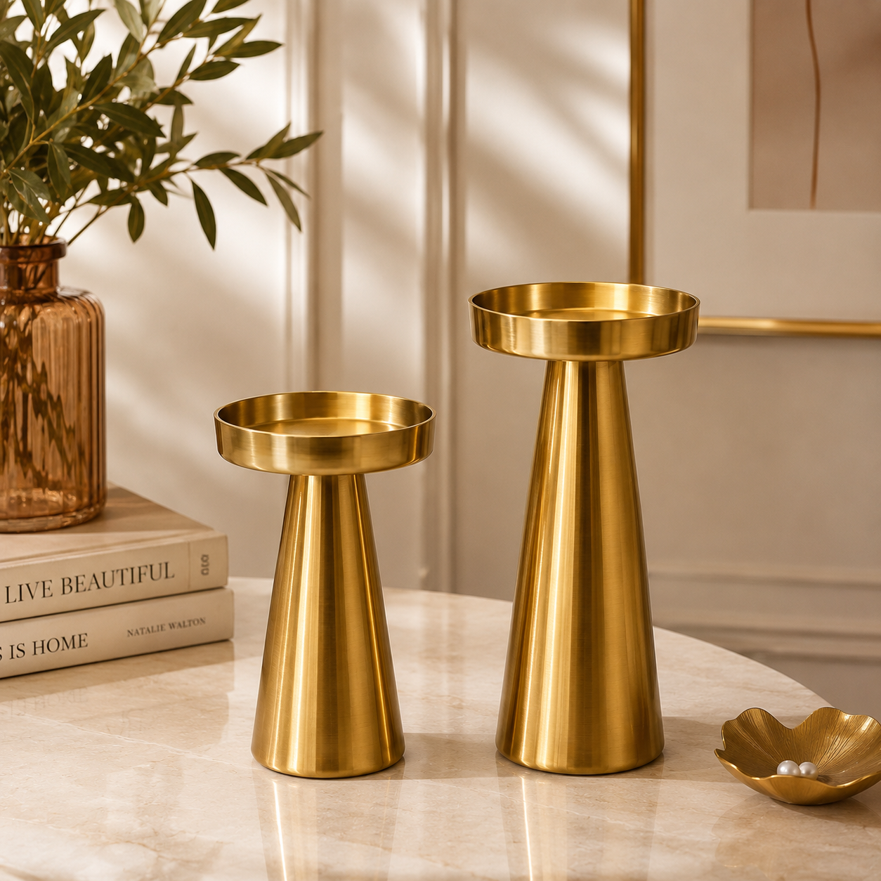 Gold Metal Pillar Candle Holders Set of 2 – Modern Decorative Candle Holder Stands