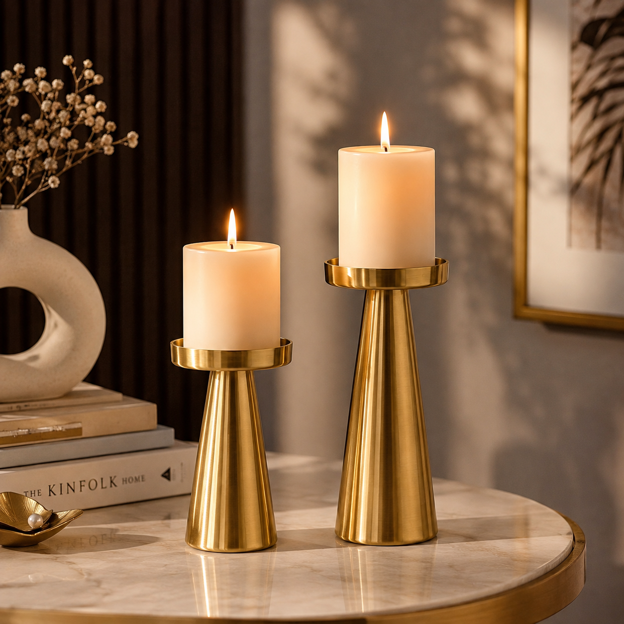 Gold Metal Pillar Candle Holders Set of 2 – Modern Decorative Candle Holder Stands