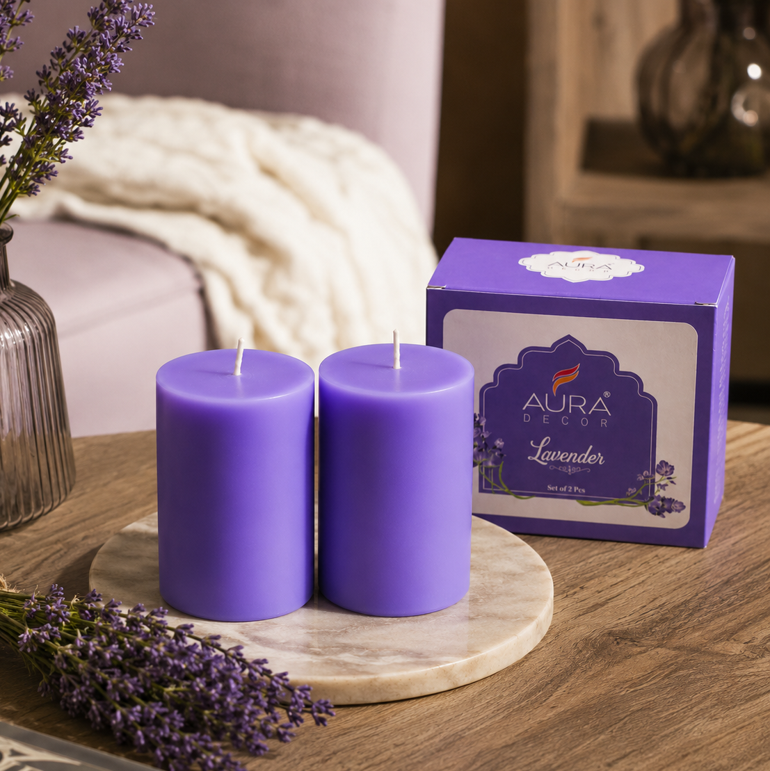 AuraDecor Scented Pillar Candles Set of 2 | 25 Hours Burn Time (Lavender)