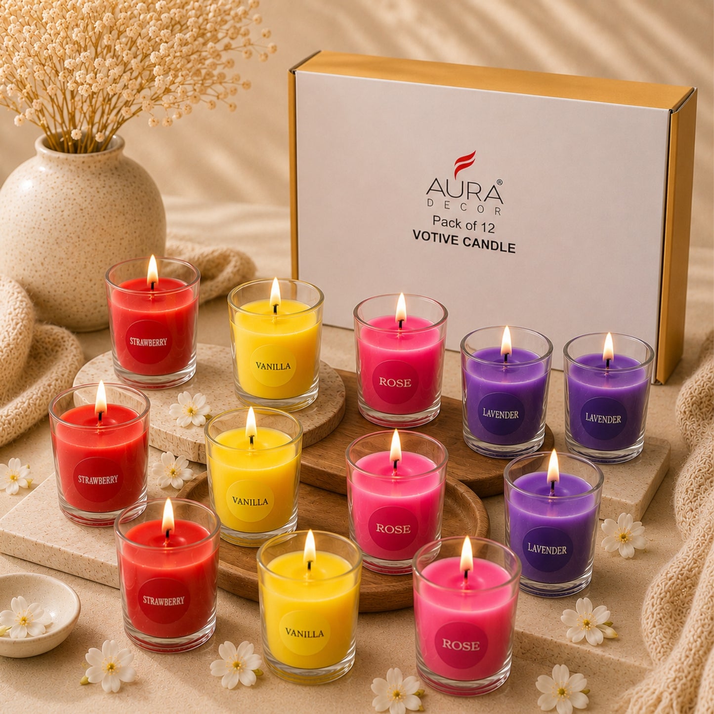 Bulk Buy AuraDecor Set of 12 Fragrance Votive Glass Candles || Burn Upto 12 Hour (MOQ 8)