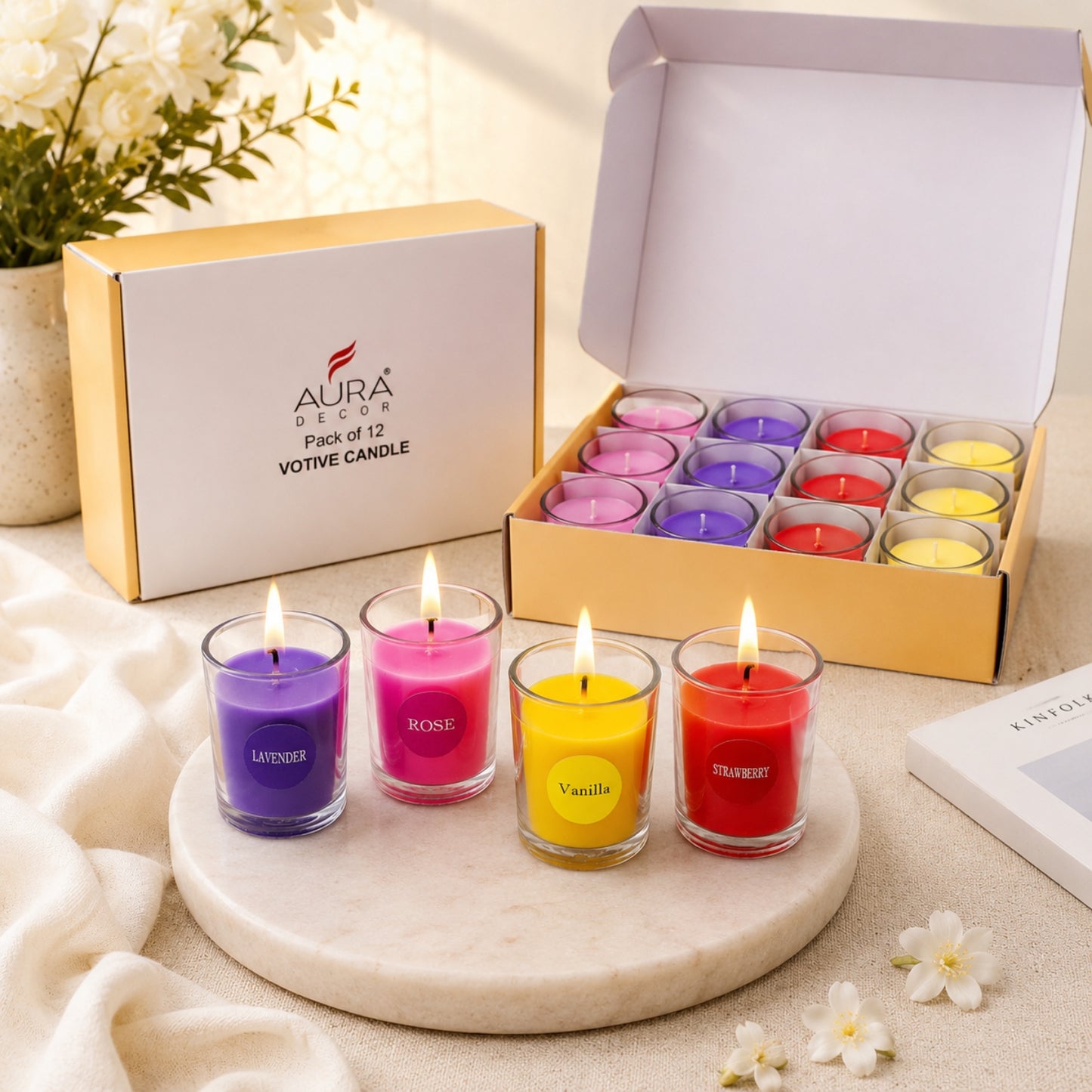 Bulk Buy AuraDecor Set of 12 Fragrance Votive Glass Candles || Burn Upto 12 Hour (MOQ 8)
