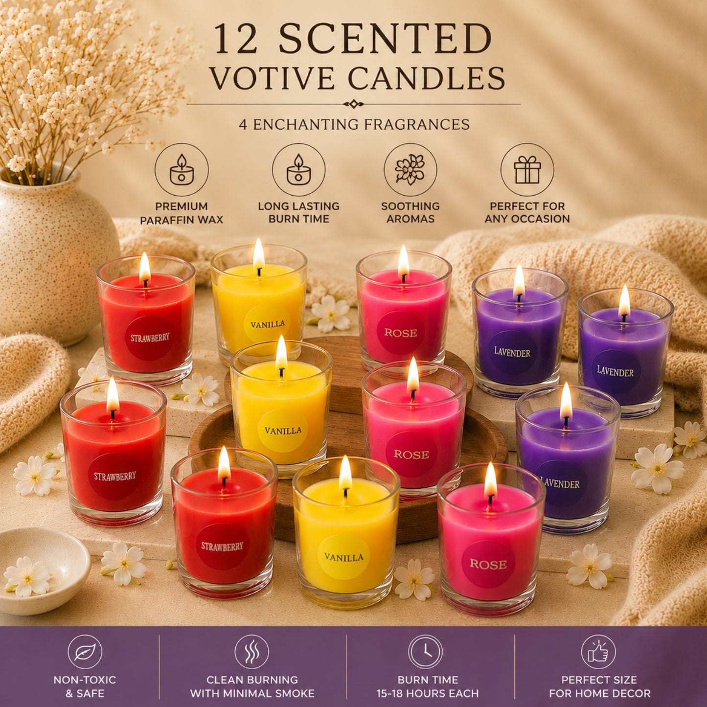 Bulk Buy AuraDecor Set of 12 Fragrance Votive Glass Candles || Burn Upto 12 Hour (MOQ 8)
