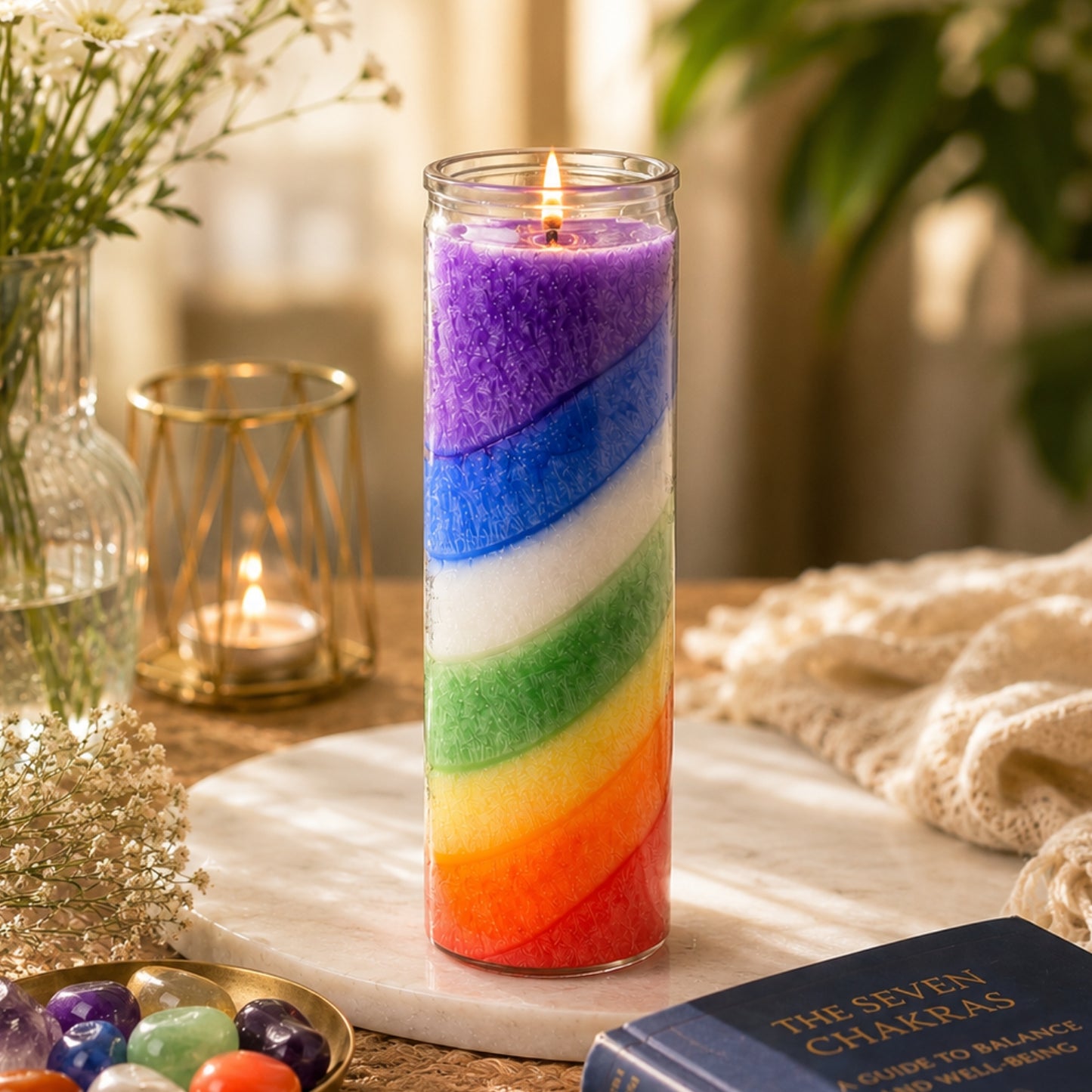 Bulk Buy AuraDecor 7 Chakra Jar Candle – Layered Wax Candle in Glass Jar ( Master pack of 20pcs )