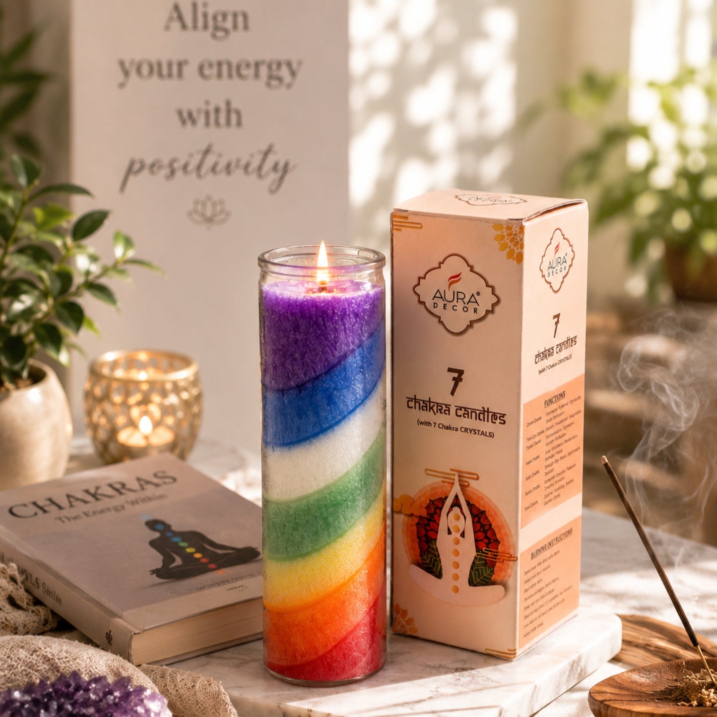 Bulk Buy AuraDecor 7 Chakra Jar Candle – Layered Wax Candle in Glass Jar ( Master pack of 20pcs )