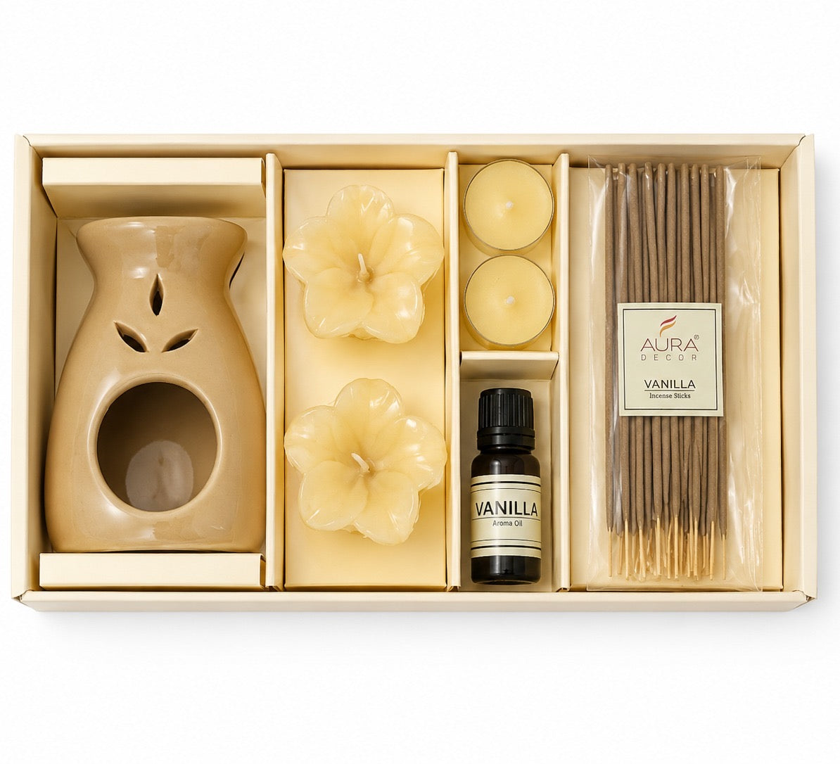 AuraDecor Premium Aroma Gift Set - 15 with Ceramic Diffuser Burner, Vanilla Aroma Oil, Tealight Candles, Floating Candles, Incense Sticks(Vanilla)