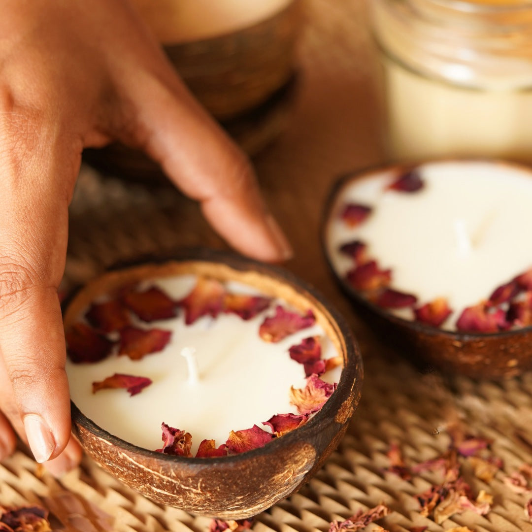 Coconut Shell Candle/Diya | Eco-Friendly Scented Soy Wax - Rose Candle Set of 2