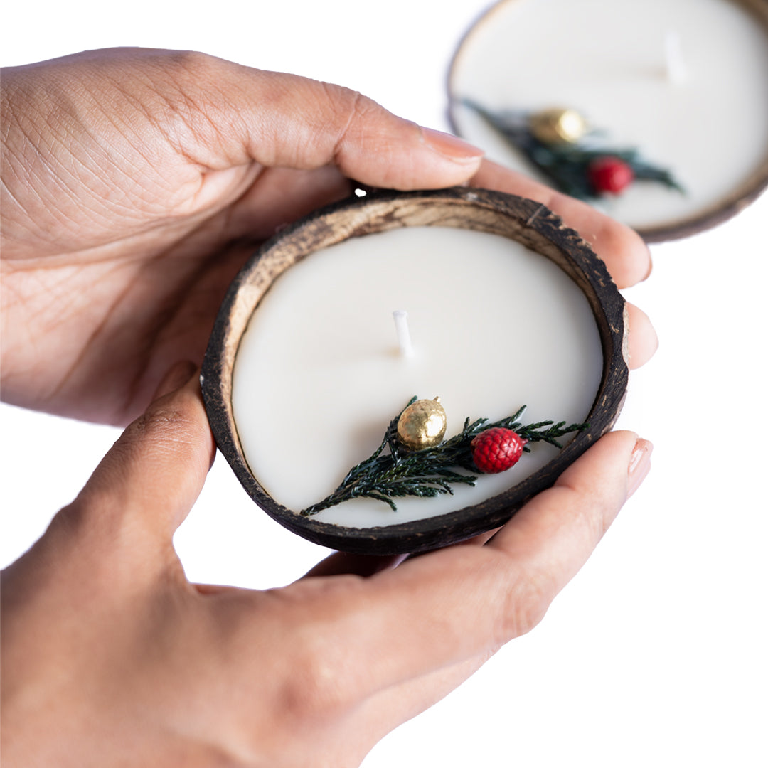 Coconut Shell Christmas Candle/Diya | Eco-Friendly Scented Soy Wax Set of 2