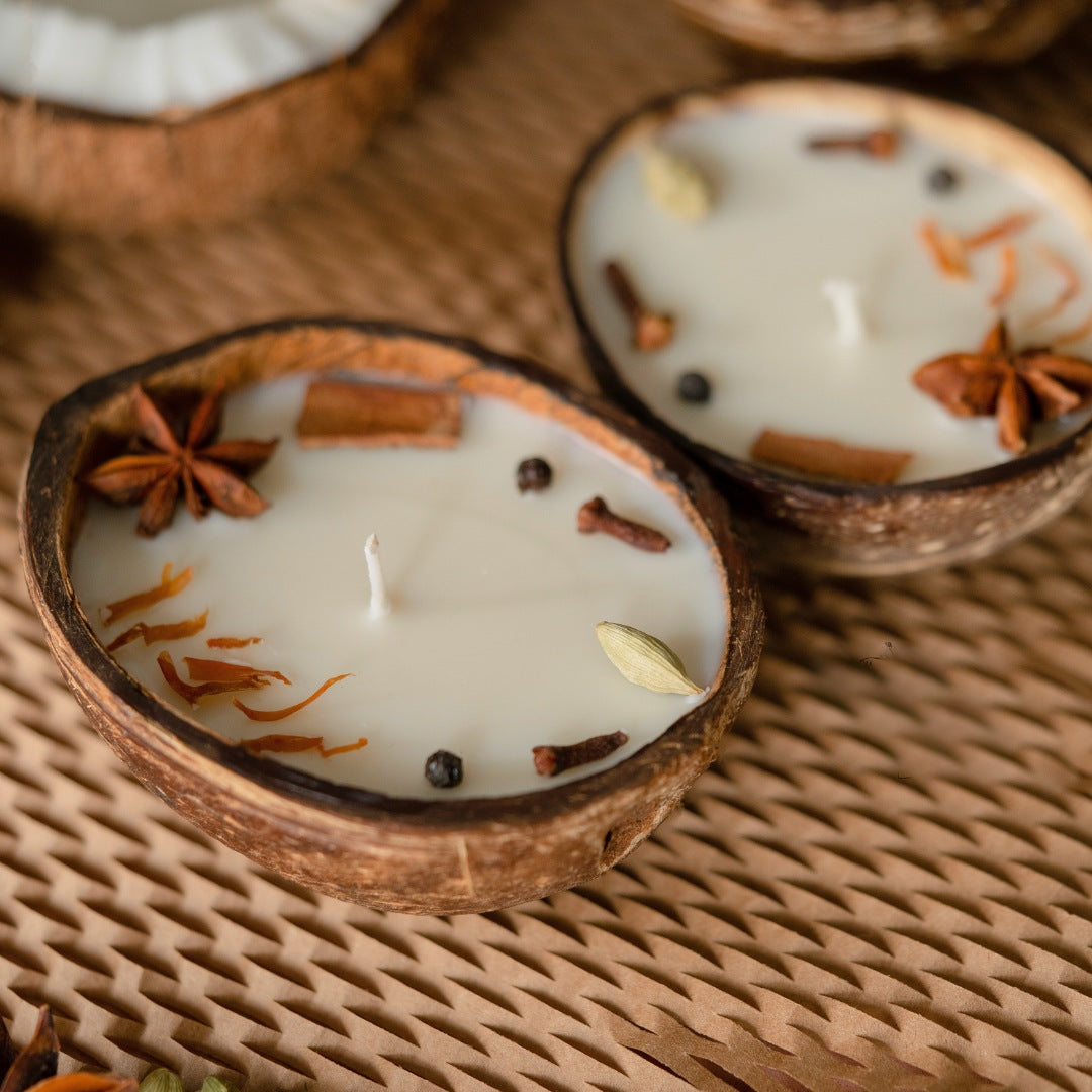 Coconut Shell Spice Candle/Diya | Eco-Friendly Scented Soy Wax Candles Set of 2