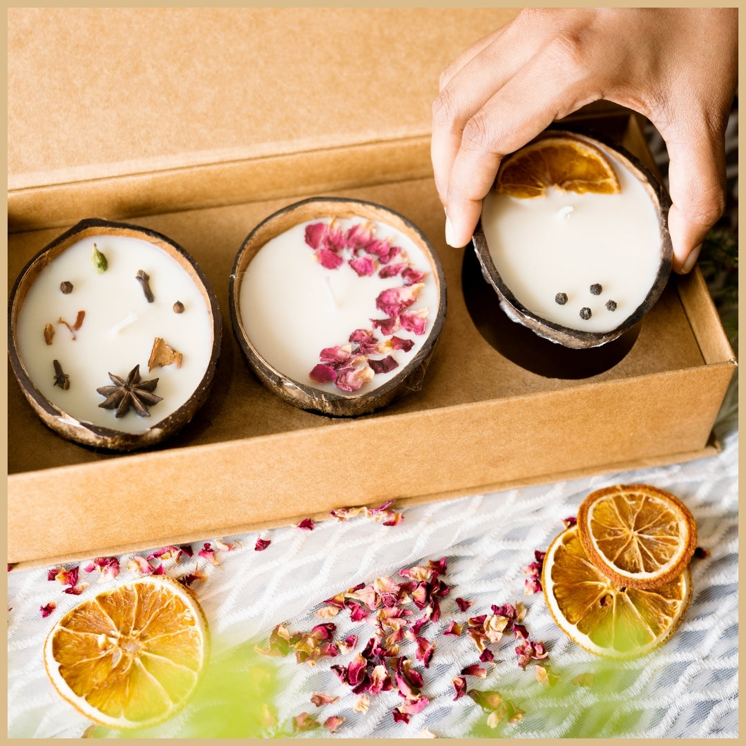 Eco-Friendly Coconut Candles Gift Box - Set of 3 Candles | Spice, Rose & Orange Pepper Soy Wax Candles 100 gm each