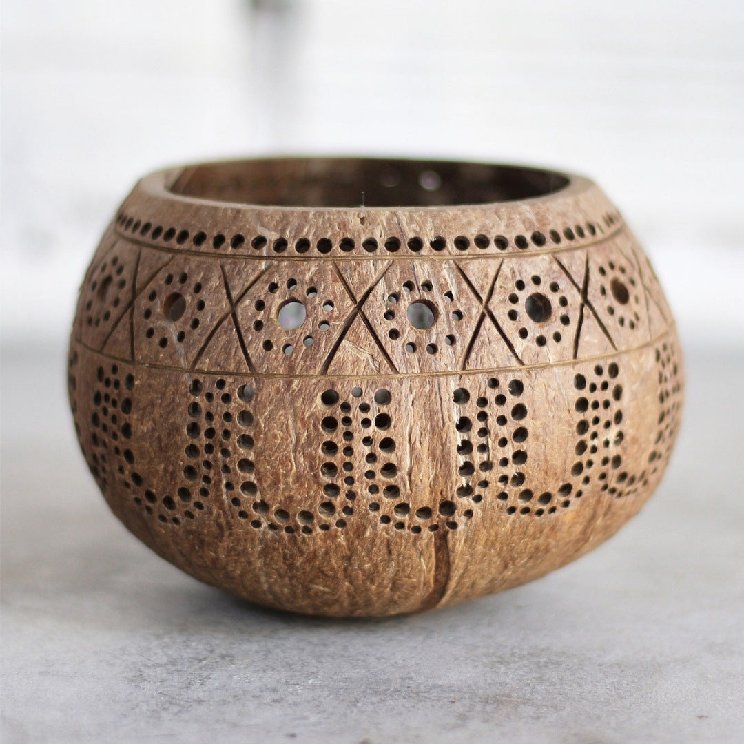 Hand Carved Coconut Shell Candle Holder - Tropical