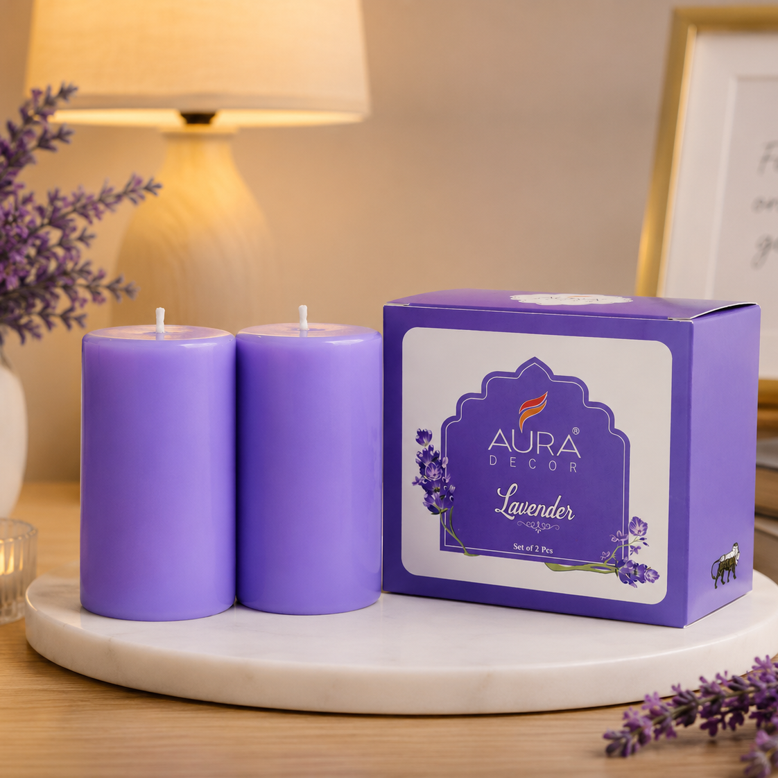 AuraDecor Scented Pillar Candles Set of 2 | 25 Hours Burn Time (Lavender)