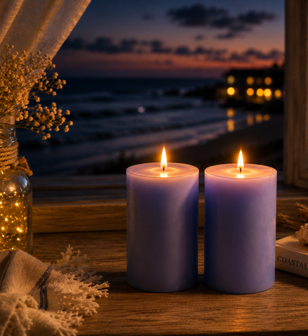 AuraDecor Scented Pillar Candles Set of 2 | 25 Hours Burn Time | (Coastal Calm)