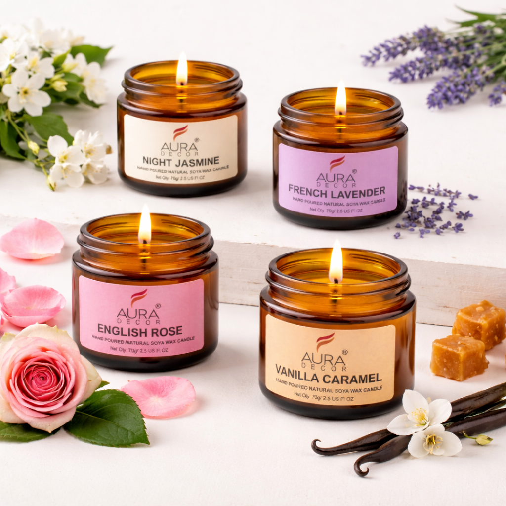 AuraDecor Set of 4 Amber Jars ( English Rose, Vanilla Caramel, Night Jasmine, French Lavender )