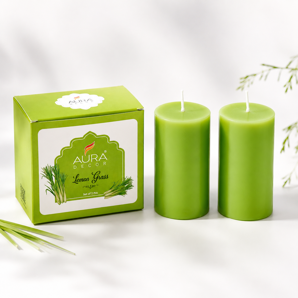 AuraDecor Scented Pillar Candles Set of 2 | 25 Hours Burn Time (Lemon Grass)
