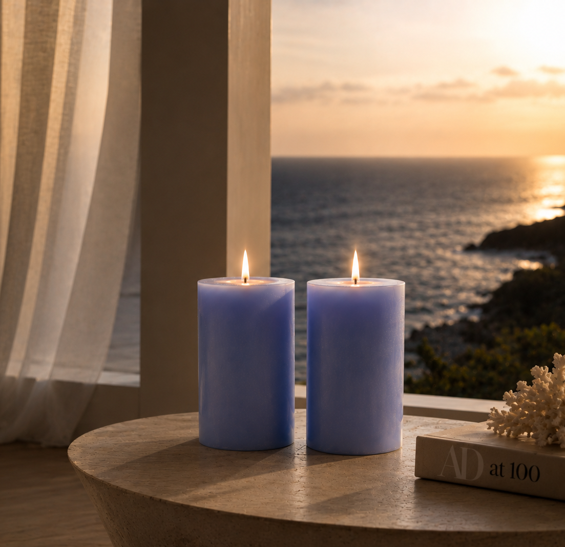 AuraDecor Scented Pillar Candles Set of 2 | 25 Hours Burn Time | (Coastal Calm)