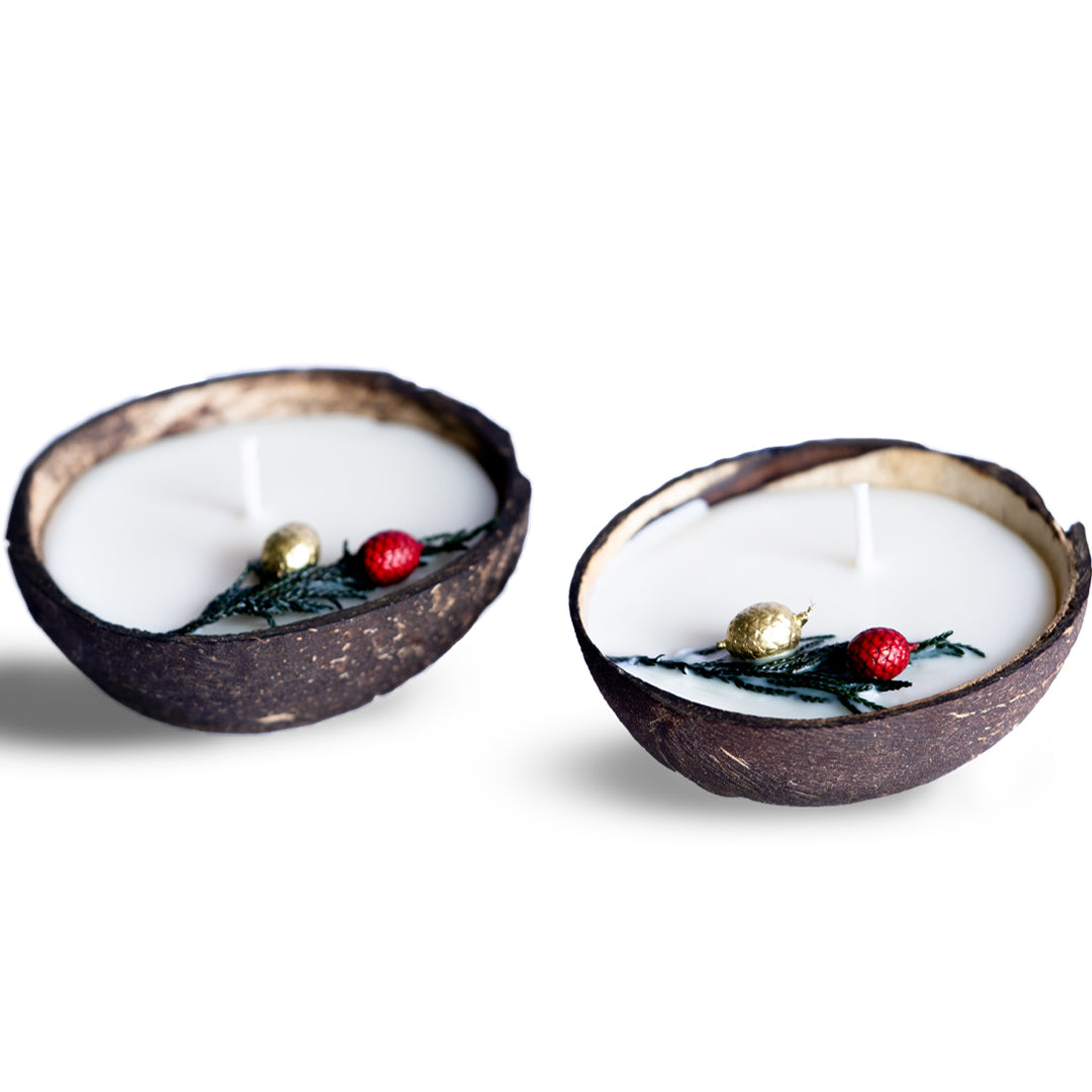 Coconut Shell Christmas Candle/Diya | Eco-Friendly Scented Soy Wax Set of 2