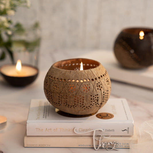 Hand Carved Coconut Shell Candle Holder - Tropical