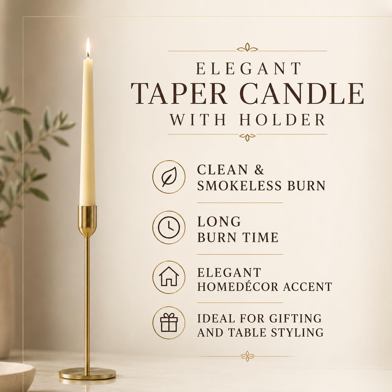 AuraDecor Luxury Dinner Candle Set 2 with Gold Metal Holders | Set of 2 Taper Candles | Premium Gift Box