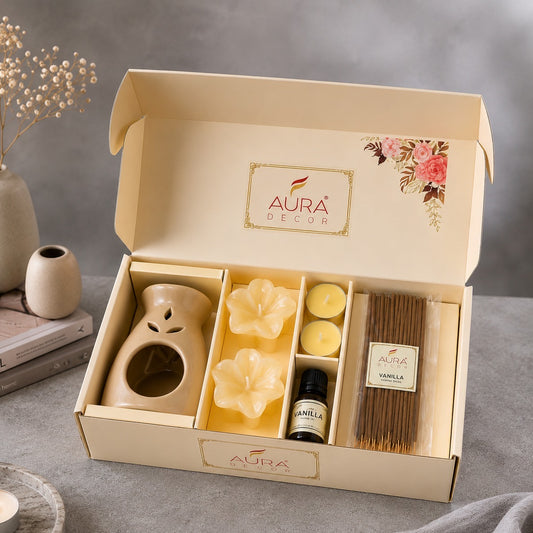 AuraDecor Premium Aroma Gift Set - 15 with Ceramic Diffuser Burner, Vanilla Aroma Oil, Tealight Candles, Floating Candles, Incense Sticks(Vanilla)